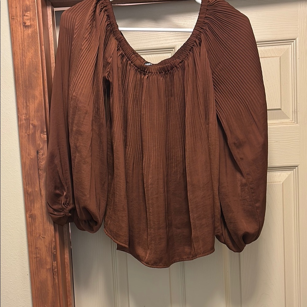 Express Brown Puff Sleeve Blouse with Ruched Details